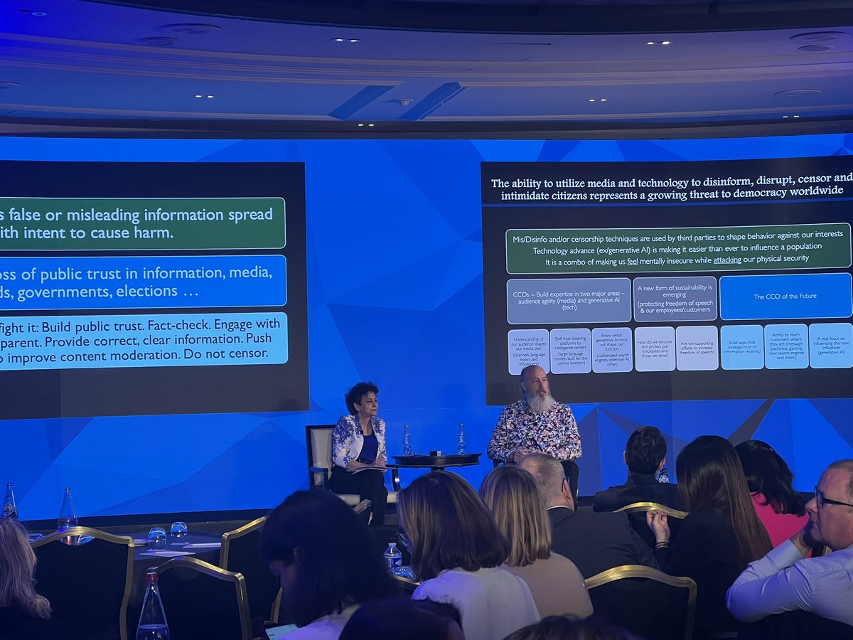 awpagesociety's tweet photo. Irene Kahn, the @UN’s Special Rapporteur on Freedom of Opinion and @bobpearson1845 discuss disinformation and how CCOs can address this existential challenge that is not only a threat to organizations but also a global threat to civil society #PageSpring https://t.co/M3FDlNUsRL