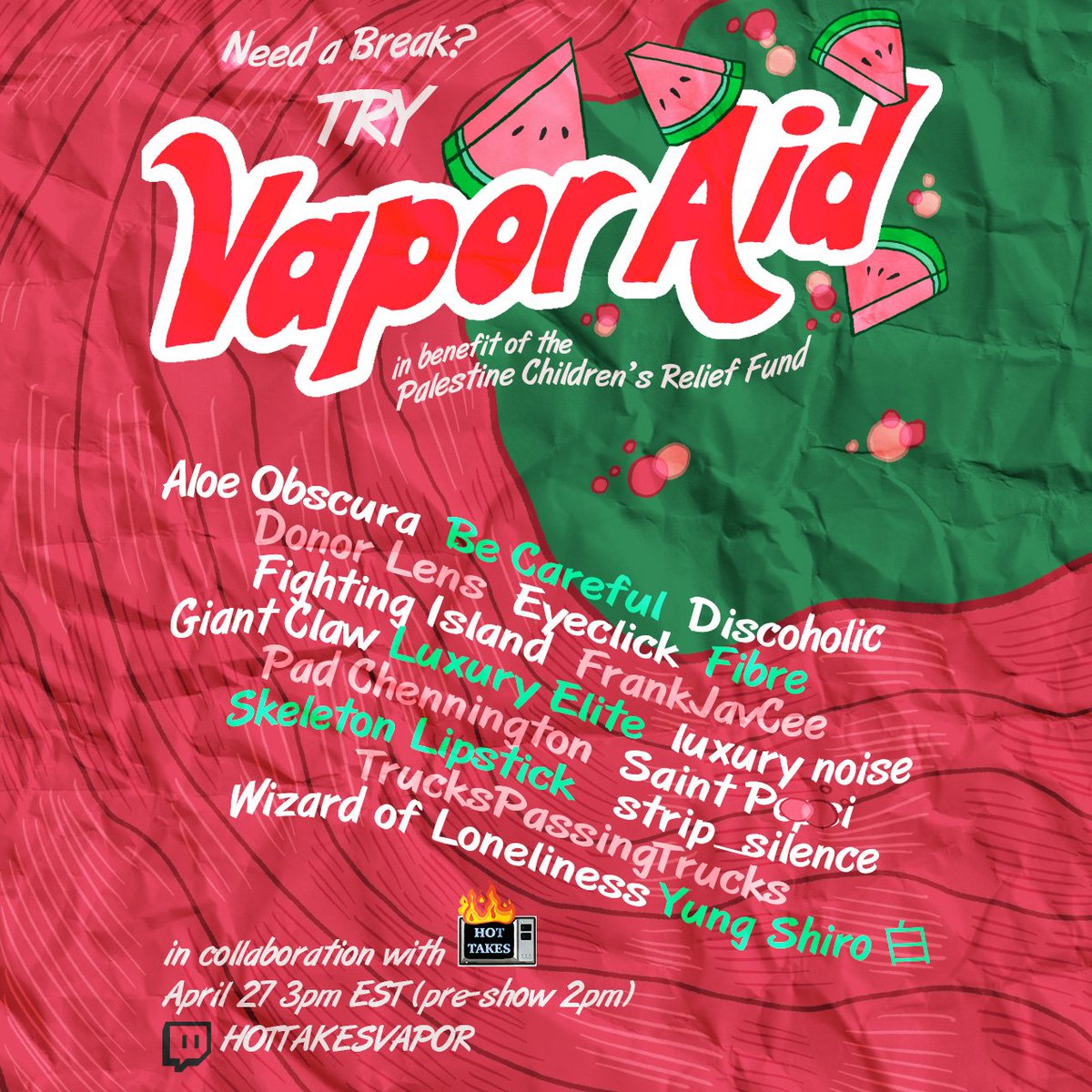 SeriousBismuth's tweet image. PRESENTING: VaporAid, a one-day music festival hosted on Twitch.tv to raise money for the Palestine Children's Relief Fund. Come through on April 27 and be refreshed and rejuvenated by some of the freshest sounds of the larger vaporwave scene.

poster by Bee Fant