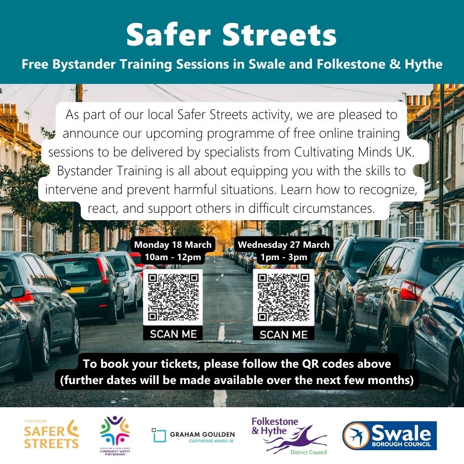 We've got another free online bystander training session coming up next Wednesday afternoon (27 March), helping the public know what to do in any difficult situations they might come across. Scan the QR code to book your place. #SaferStreets