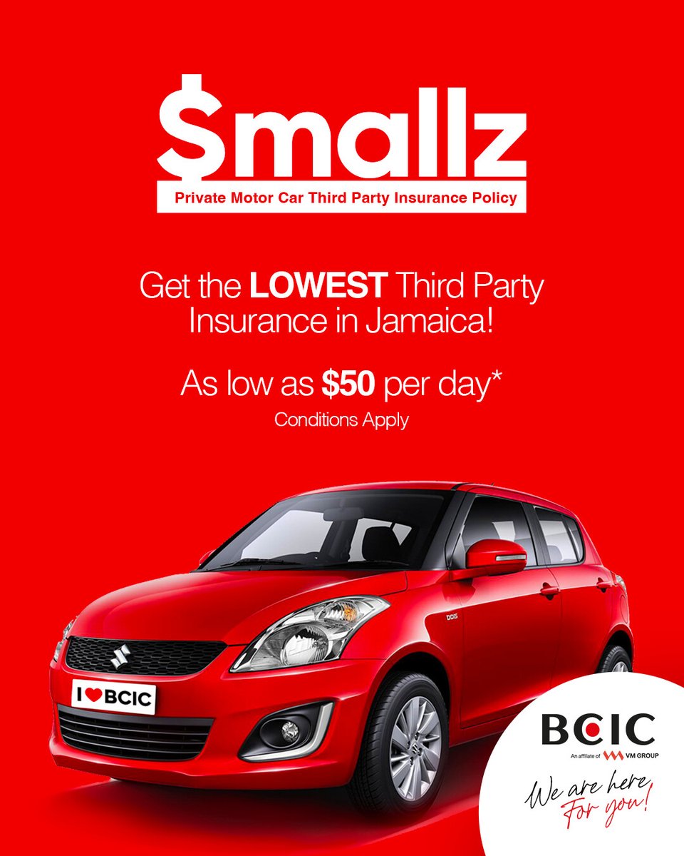 BCIC Smallz is the lowest third-party insurance in Jamaica.
Get BCIC third-party insurance for just $50 per day 

Visit bciconline.com today and choose the plan that best suits you.

#bcic #smallz #bcicinsurance #insurance #thirdpartyinsurance