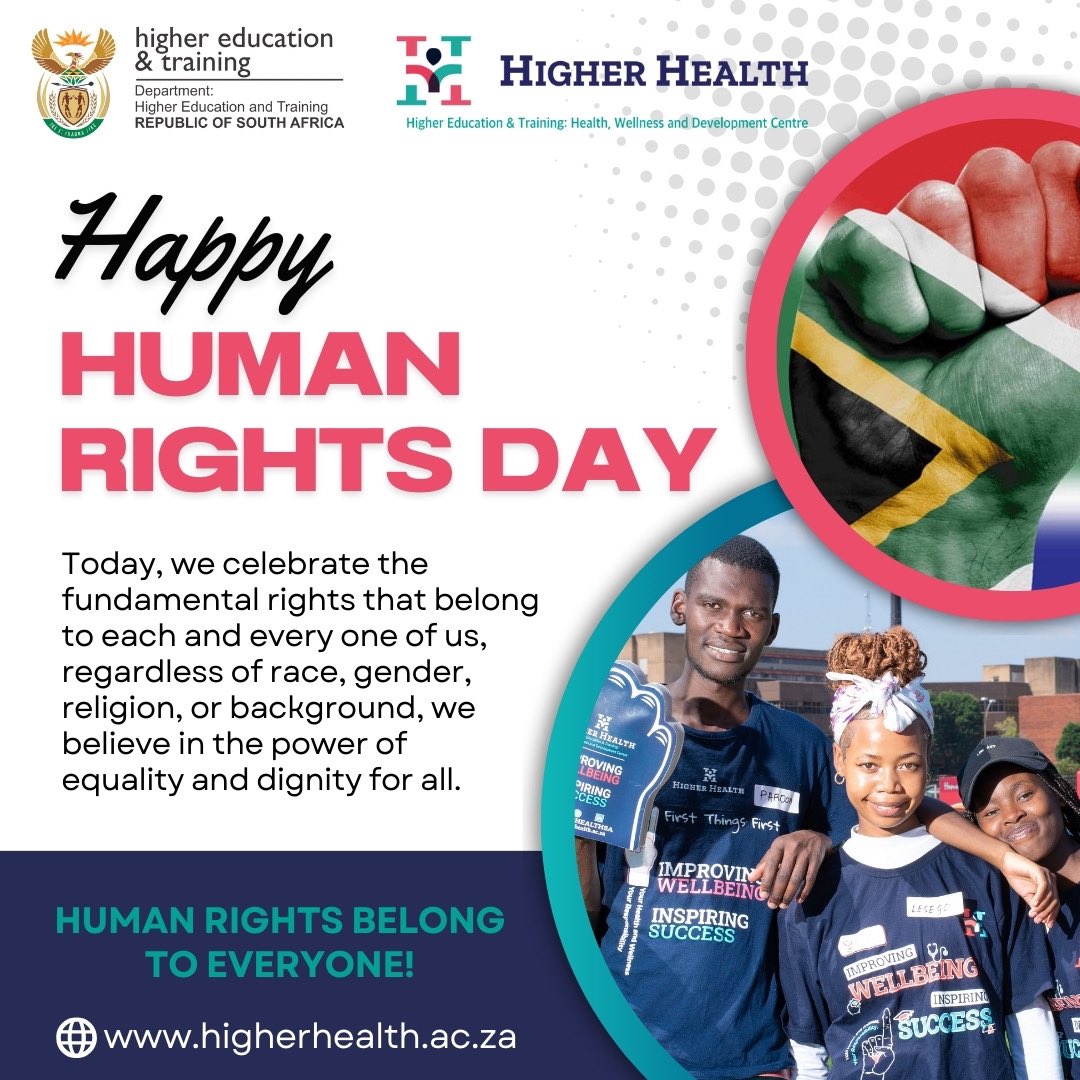 Happy Human Rights Day from Higher Health! 🇿🇦 Today, we celebrate the rights & freedoms that are essential to all individuals. Let's continue to advocate for equality, justice & dignity for everyone, ensuring that every South African’s rights are respected & protected. @RamneekHH