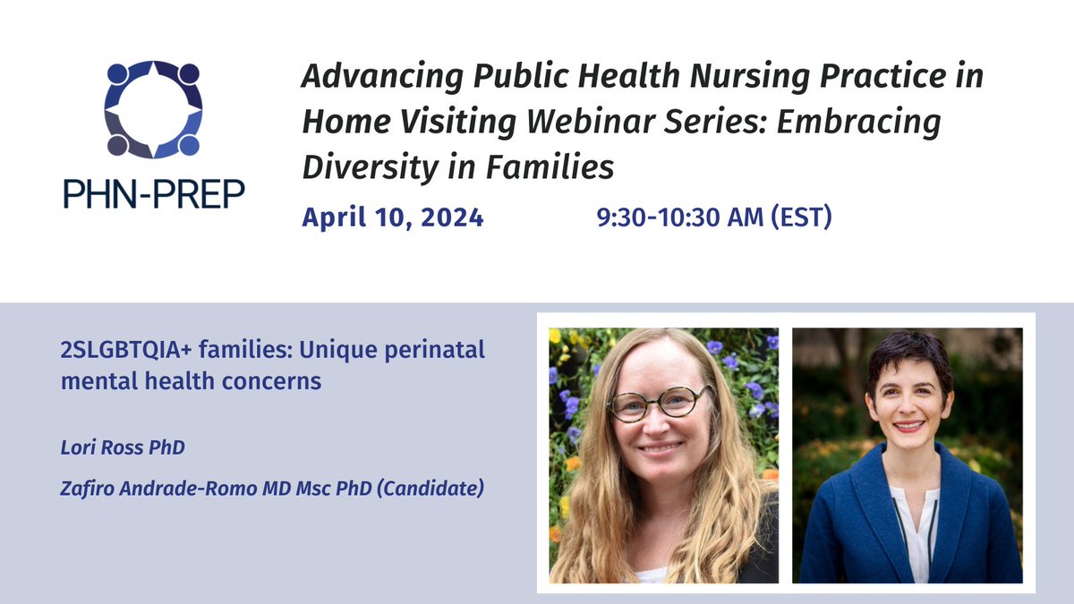 Registration is now open for the #PHNPREP monthly webinar! Join us April 10, 2024 to hear Dr. Lori Ross and Dr. Zafiro Andrade-Romo speak about the unique perinatal mental health concerns among 2SLGBTQIA+ individuals and families. Reserve your spot now at: phnprep.ca/event/2slgbtqi…