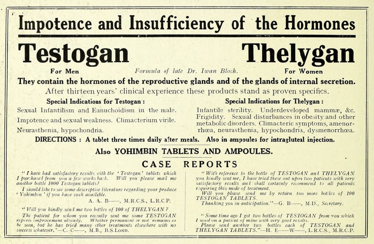 EliErlick's tweet photo. HRT is much older than you'd expect: historians don't even know the identity of the first trans person to take hormones. Trans people began HRT by 1918 at the latest in the forms of Testogan and Thelygan. Here's a fun HRT ad from 1926 + Hirschfeld's 1918 essay on providing it! https://t.co/hv4JkzsAv6