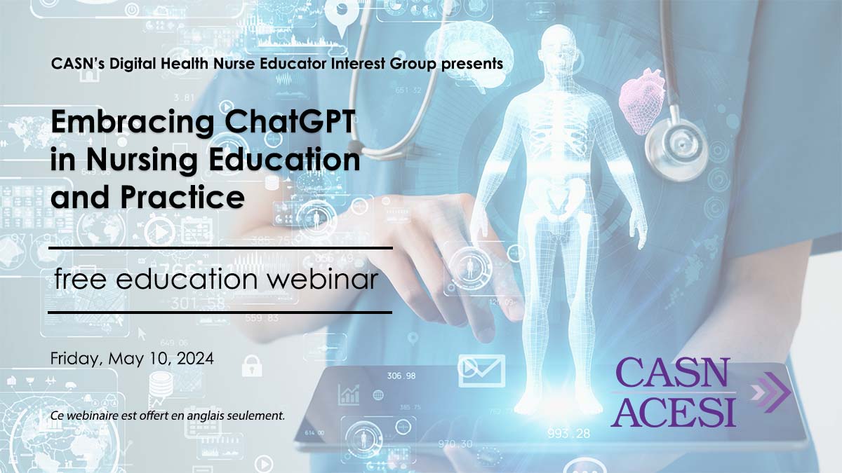 On Friday, May 10 at 2:30 p.m. EST, the CASN #DigitalHealth #Nurse Educator Interest Group is hosting a free webinar on embracing #AI and #CHATGPT in nursing education. Click here to register: bit.ly/49KqXyP #Nursing