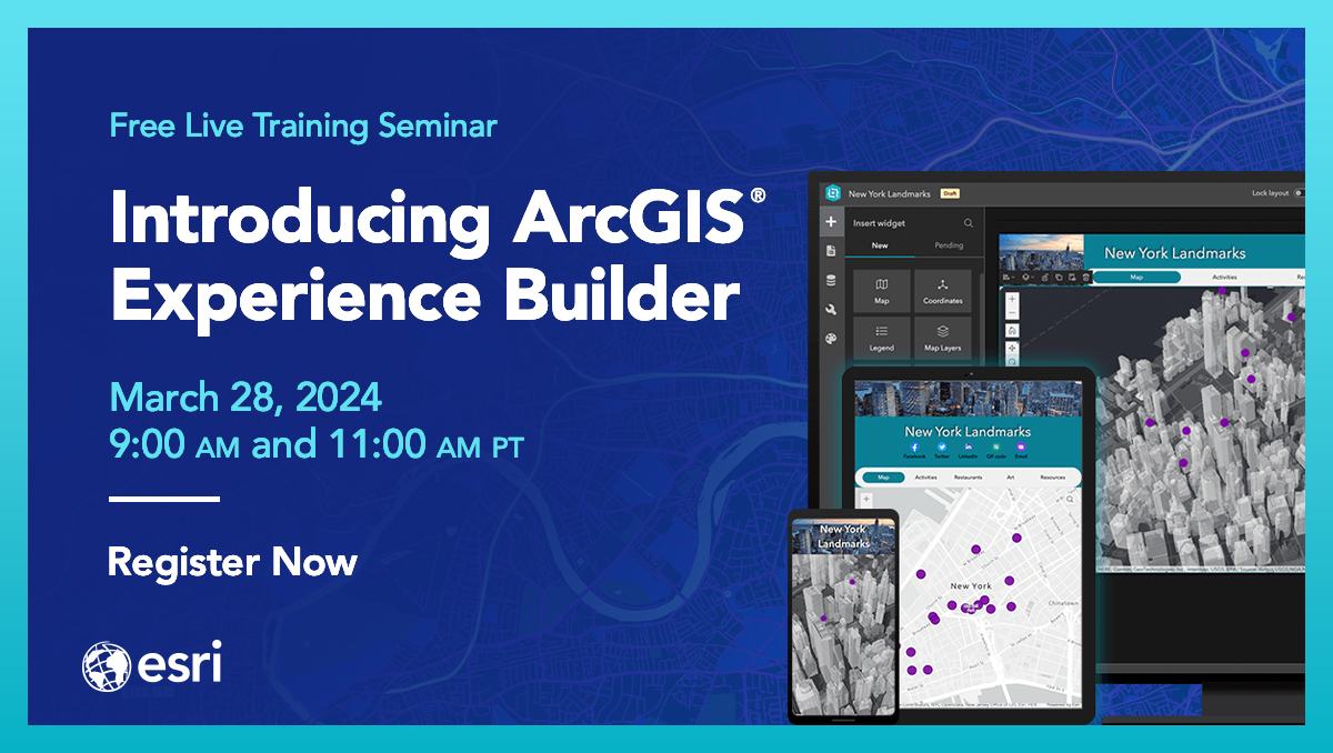 GIS_Bandit's tweet image. In 1 week, @EsriTraining webinar: Introducing #ArcGIS Experience Builder tinyurl.com/y9mt3u5n 
#ArcGISApps #apps #webapps #GIS #esri #mapping #maps #TheScienceOfWhere @Esri @EsriFederalGovt @EsriSLGov @EsriBizTeam @ArcGISOnline @ArcGISXprise