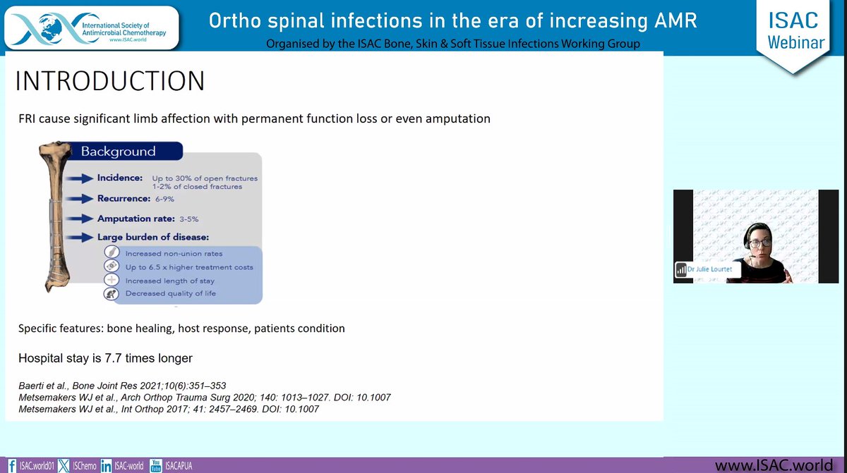 🌟LIVE | Ortho spinal infections in the era of increasing AMR🌟 Dr Julie Lourtet is our second speaker and she is presenting on fracture-related infections and AMR. Join now to ask your questions to the experts⬇ us02web.zoom.us/webinar/regist… #infections #antibioticresistance