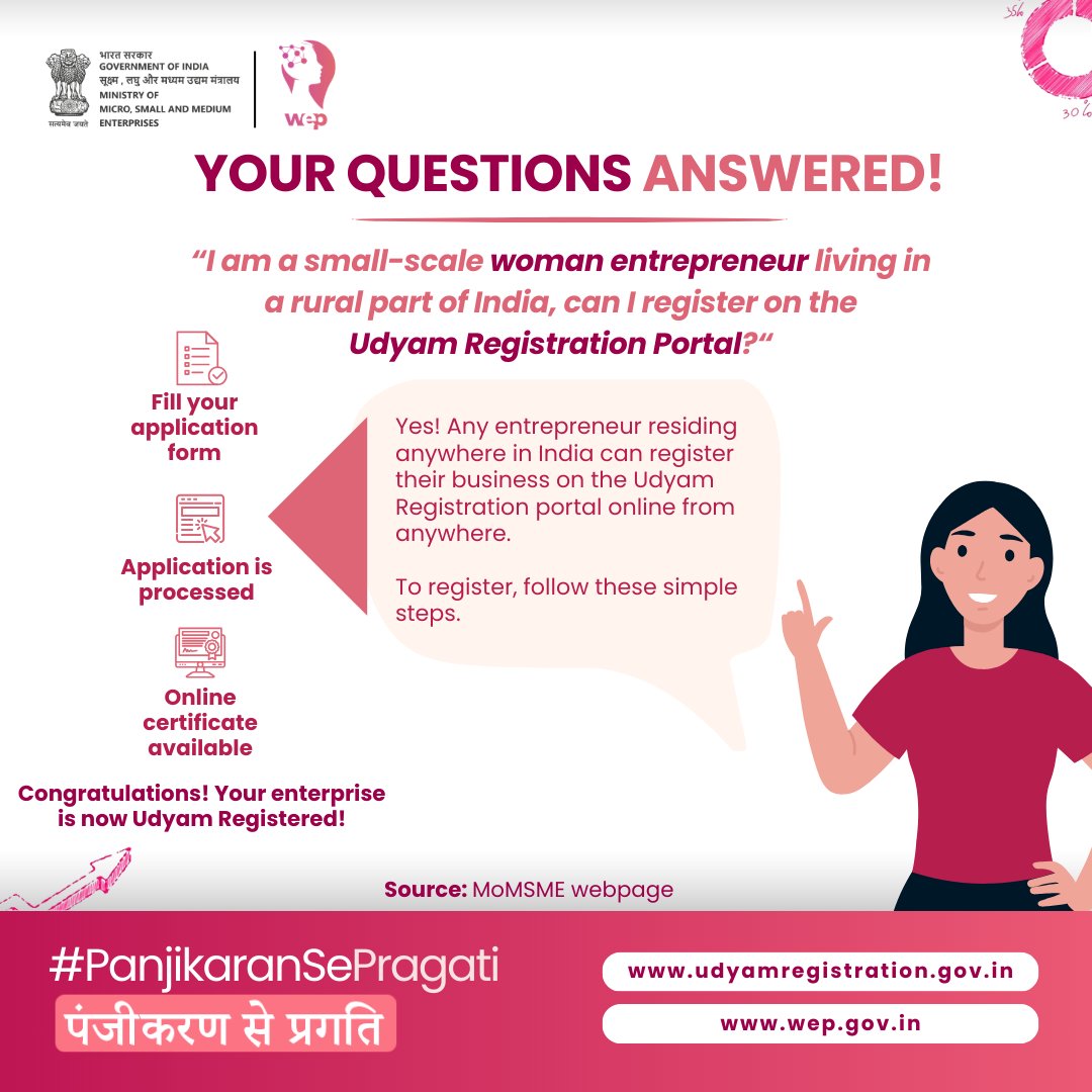 Did you know that Udyam Registration is open to all and is essential for scaling your enterprise? If you haven't formalised your enterprise yet, register today! 🔗 udyamregistration.gov.in 🔗 wep.gov.in #PanjikaranSePragati #UdyamRegistration #MSME #IWD2024