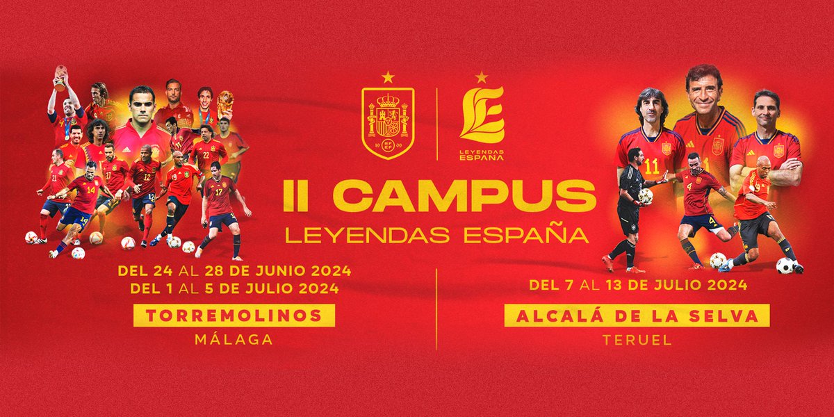 ⚽️🤔 ¿UN PLAN ÚNICO con internacionales🔝 y campeones con la @SEFutbol? ¡Los Campus de #LeyendasEspaña! 🇪🇸 ¡NO TE QUEDES SIN PLAZA! 🏟️ Torremolinos (Málaga) 🗓️ 24-28 junio y 1-5 julio EXTERNO 🏟️ Alcalá de la Selva (Teruel) 🗓️ 7-13 julio INTERNO ℹ️ ENLACES EN LINKTREE EN BIO⬆️