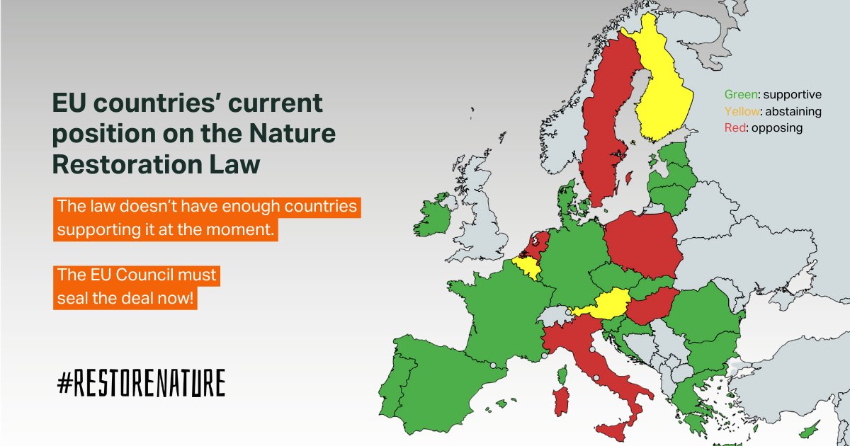 The Nature Restoration law is in danger. It was backed by 1 million citizens, scientists & businesses and EU leaders agreed on it. Now some countries show signs they’re withdrawing their support. Time to take it over the finish line: @EUCouncil, seal the deal & #RestoreNature!