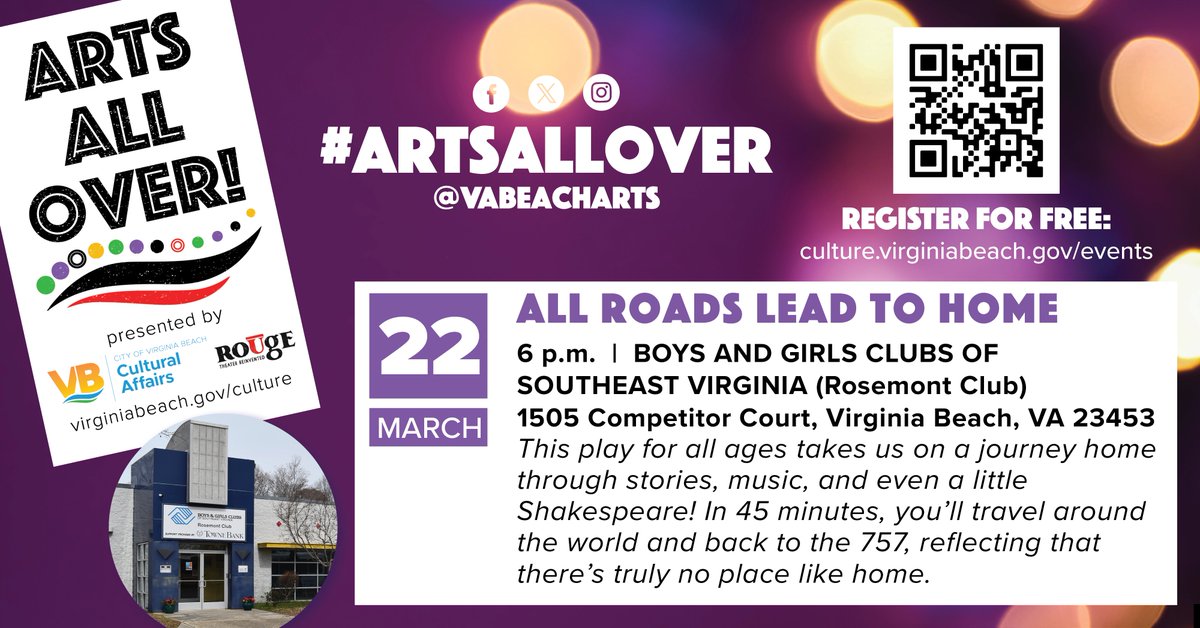 Join us tomorrow night for the debut of #ArtsAllOver, a FREE neighborhood arts program! 🎭 Arts All Over: All Roads Lead to Home 📅Friday, March 22 at 6 p.m. 📍Boys and Girls Clubs of Southeast Virginia (Rosemont Club), 1505 Competitor Ct. Tickets: culture.virginiabeach.gov/656/657