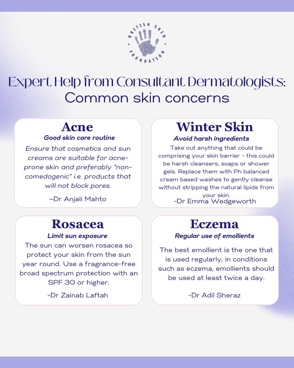 Our experts share some great tips on common skin concerns! Great to hear from Dr Anjali Mahto Dr Emma Wedgeworth Dr Adil Sheraz Dr Zainab Laftah 💙 For more information or resources, visit our website: britishskinfoundation.org.uk #BritishSkinFoundation #SkinHealth