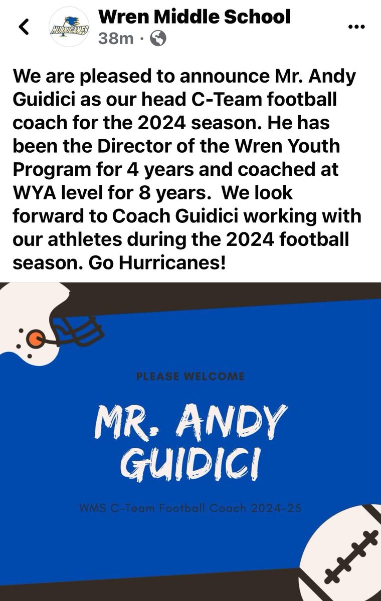 Honored and blessed to lead this program! Can’t wait to hit the field with these young men and fellow coaches. @MrCoachFrate @CoachPerdomo @OfficialWrenFB @WrenMiddle