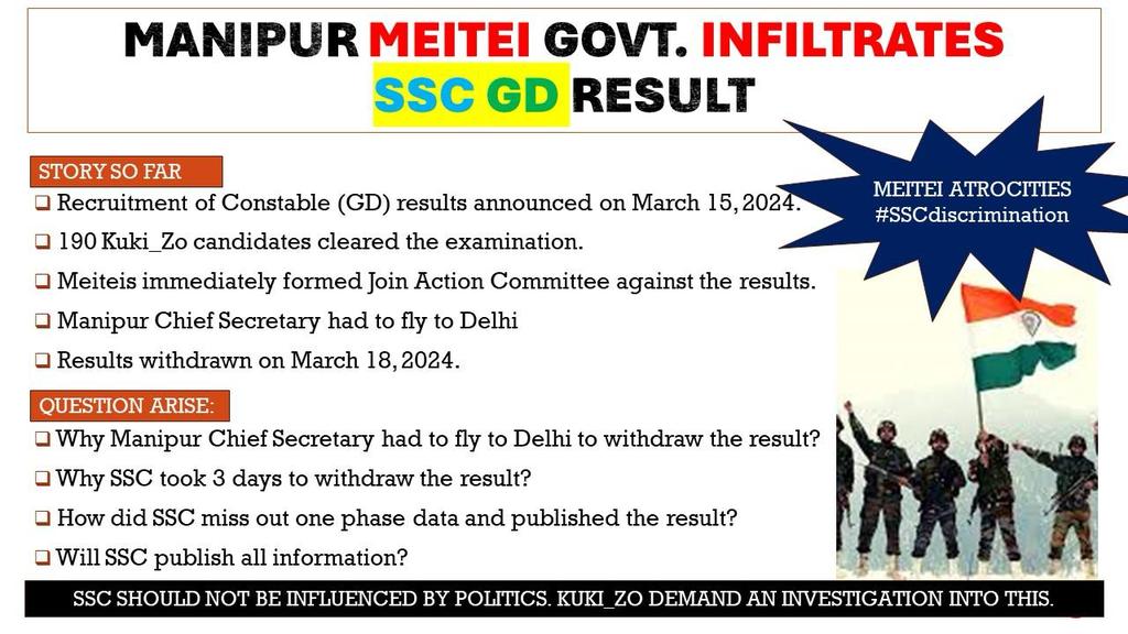 lamvual63775's tweet photo. SSC must uphold exam integrity and resist Meitei politics to prevent further marginalization of the Kuki-Zo Tribals. Fairness in exams ensures equal opportunities regardless of political influences or tribal identities.
#SSCDiscrimination
#UnionTerritory4Kuki_Zo
#ManipurViolence https://t.co/chhmd3io4k