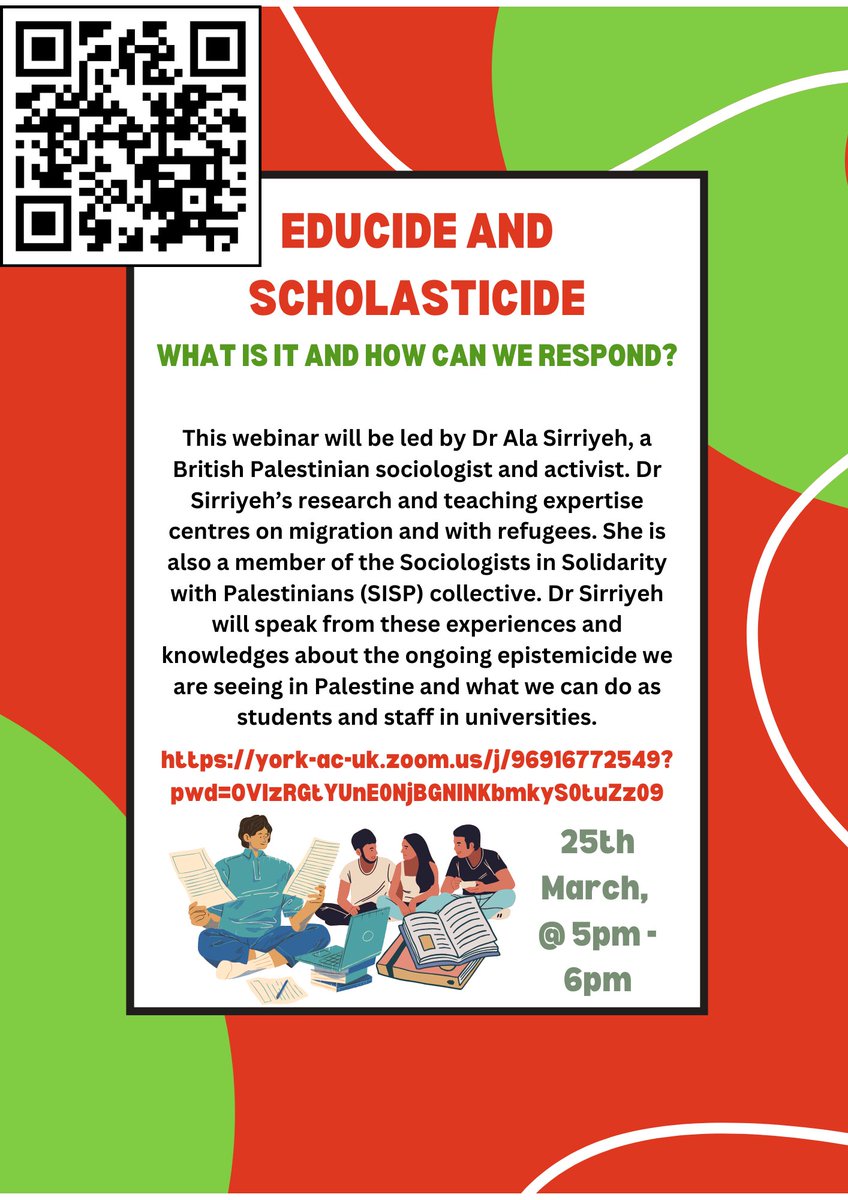 Susy Williams (@susygwilliams) on Twitter photo Our next seminar series event on Monday is now going to be held online only and is open to all!
You can also get the Zoom link -
york-ac-uk.zoom.us/j/96916772549?โฆ - via QR code.
We will be joined by an incredible speaker <a href="/AlaSirriyeh/">Ala Sirriyeh ๐ต๐ธ</a> from Lancaster University.
Please share widely!๐ต๐ธ Our next seminar series event on Monday is now going to be held online only and is open to all!
You can also get the Zoom link -
york-ac-uk.zoom.us/j/96916772549?โฆ - via QR code.
We will be joined by an incredible speaker <a href="/AlaSirriyeh/">Ala Sirriyeh ๐ต๐ธ</a> from Lancaster University.
Please share widely!๐ต๐ธ