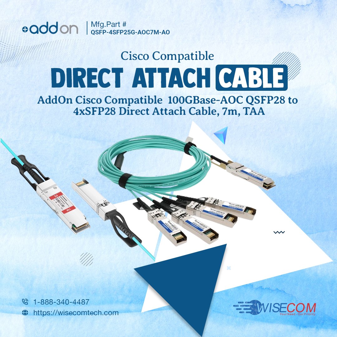 📌 Cisco Compatible direct attach cable

🔰 Add-on QSFP to 4 SFP25G InfiniBand Cable is a high-performance data transmission. 

Contact Us: 👇👇👇
📧 marketing@wisecomtech.com
🔗 wisecomtech.com/qsfp-4sfp25g-a…

#wisecomtech #itproducts #AddOn #QSFP #7mcable #SFP25G #AddOnwire  #wts #USA