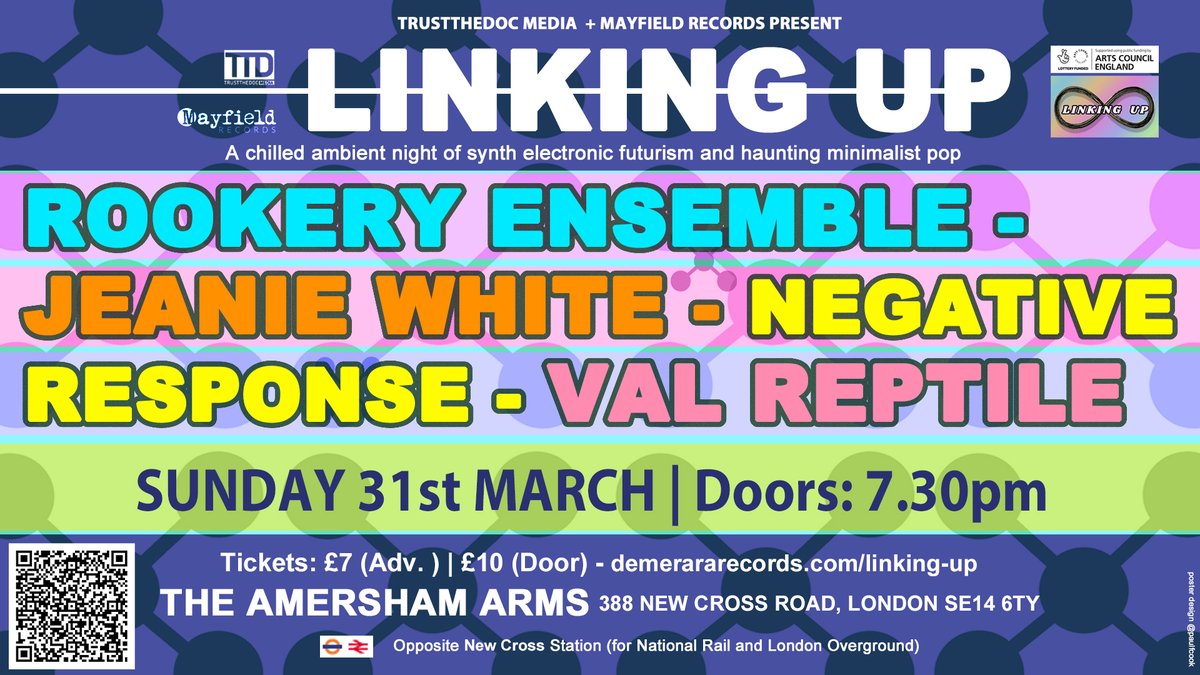 Wow; just 10 days until this stellar line-up of chilled synth-electronic and haunting minimalist Pop vibes lands for #LinkingUp at #TheAmershamArms in New Cross with @worldofsurprise aka RookeryEnsemble; #JeanieWhite @NegReg001 & @valreptile for just £7!! demerararecords.com/linking-up