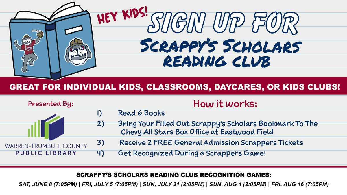 Hey, Scrappers fans! Looking for a home run way to encourage your little sluggers to dive into the world of books? Our team has teamed up Warren-Trumbull County Public Library to bring you Scrappy's Scholars Reading Club! Sign up today at forms.gle/QXvgFNZuTfK5WN…