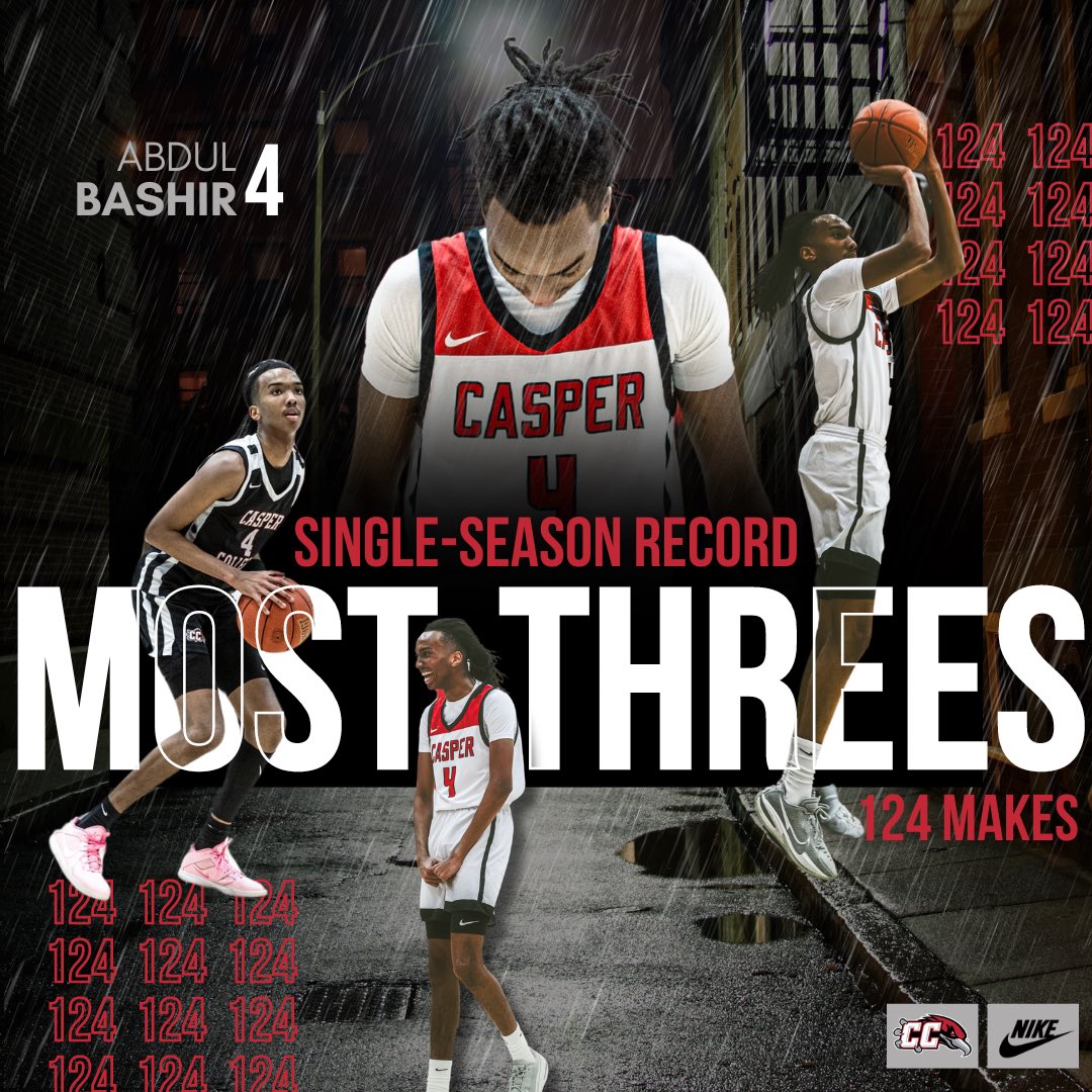 𝗡𝗲𝘄 𝗥𝗲𝗰𝗼𝗿𝗱 𝗔𝗹𝗲𝗿𝘁 Abdul Bashir moves up to 𝟭𝘀𝘁 𝗣𝗹𝗮𝗰𝗲 in the record books for most 3-point fields made in a season. Bashir finished with 124 makes in 33 games. #𝘍𝘭𝘺𝘞𝘪𝘵𝘩𝘜𝘴