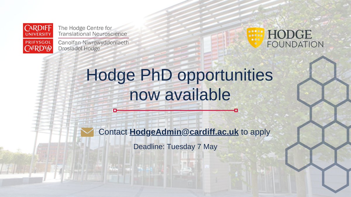 Our Hodge PhD scholarship programme trains and nurtures the brightest young researchers in the skills needed to address the complex problem of brain disorders. 📧 hodgeadmin@cardiff.ac.uk to apply 📅 Deadline: 7 May cardiff.ac.uk/neuroscience-m…