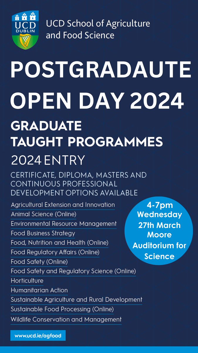 UCD School Ag & Food (@ucdagfood) on Twitter photo 🌟Don’t Forget🌟 the <a href="/ucdagfood/">UCD School Ag & Food</a> Postgraduate Open Day is on next Wednesday! Meet students, staff & recent grads & find out all about these great courses! #Masteryourfuture
Register now at: ucd.ie/graduateadmiss… 🌟Don’t Forget🌟 the <a href="/ucdagfood/">UCD School Ag & Food</a> Postgraduate Open Day is on next Wednesday! Meet students, staff & recent grads & find out all about these great courses! #Masteryourfuture
Register now at: ucd.ie/graduateadmiss…