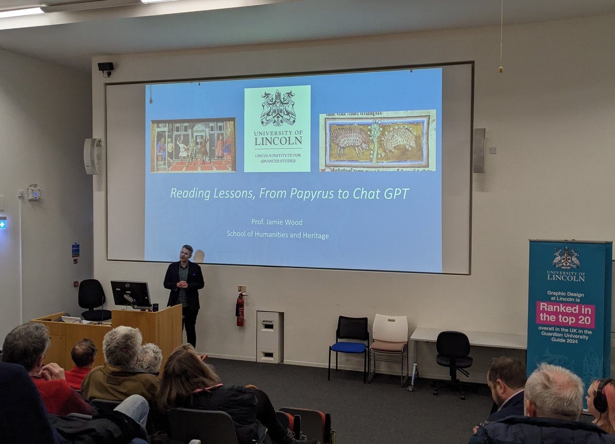 LincolnMedieval's tweet photo. Our very own Visigoth @woodjamie99 delivered his inaugural lecture as Professor of History and Education @unilincoln yesterday on 'Reading Lessons from Papyrus to ChatGPT'. An enjoyable and thought-provoking journey from Libanius and Augustine to Isidore and Blackadder! #medieval https://t.co/h1WoigrmMM