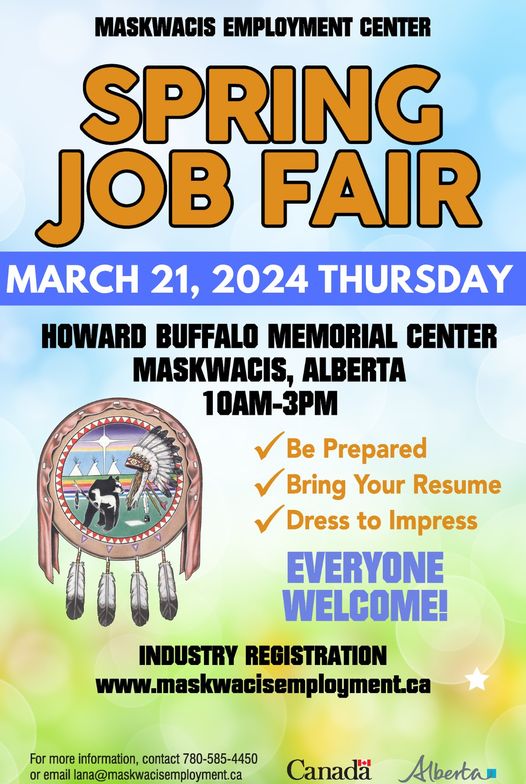 @SamsonCree @oteenowyeg Maskwacis Employment Center #Spring #JobFair at the HBMC in Samson #Maskwacis from 10 AM to 3 PM. Ph 780 585 4450
#Employment #Work #CentralAlberta @CFWENews @SanjelEnergy @YourAlberta