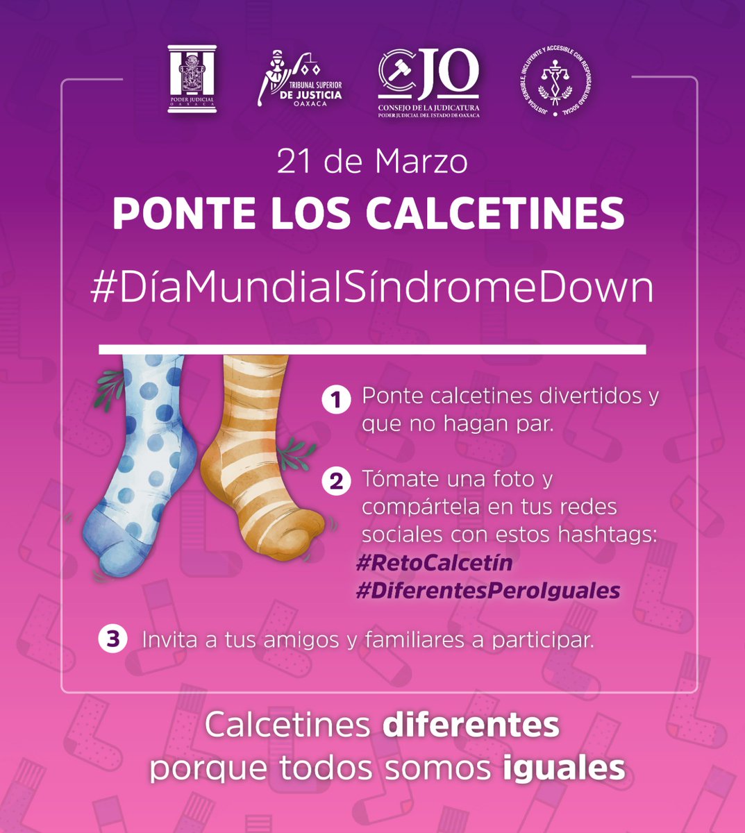 tsjoaxaca's tweet photo. Este 21 de marzo se conmemora el Día Mundial del #SindromeDeDown. Te invitamos a sumarte a esta actividad "Calcetines DIFERENTES porque todos somos IGUALES". 
#TodasLasVocesSonEscuchadas https://t.co/eIBoUoz4Ie