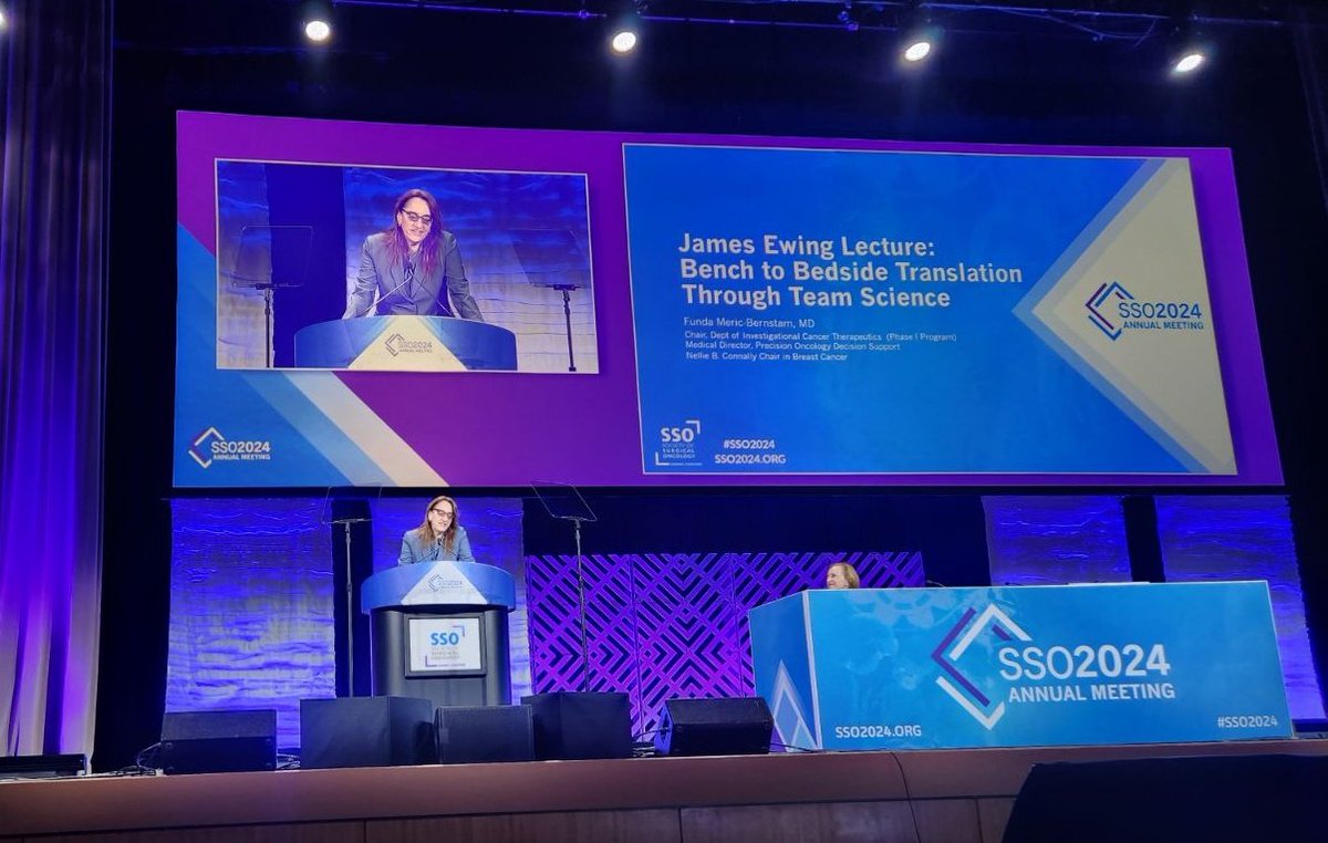 During the #SSO2024 James Ewing Featured Lecture, our Dr. Funda Meric-Bernstam talks about the rapidly evolving precision oncology and implementation strategies for bench to bedside translation. @SocSurgOnc @KellyKhunt #EndCancer