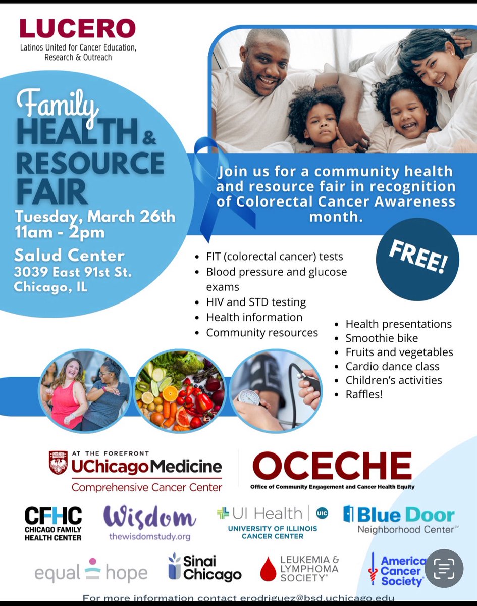 Hi Chicago people! Share with community partners &join w/⁦@UCCancerCenter⁩ ⁦@UCMOCECHE⁩ & great partners in community health #crcsm #gyncsm #bcsm ⁦@UICancerCenter⁩ @⁦BCBSIL⁩ BlueDoor ⁦@ChiFamilyHealth⁩ ; ⁦@thewisdomstudy⁩