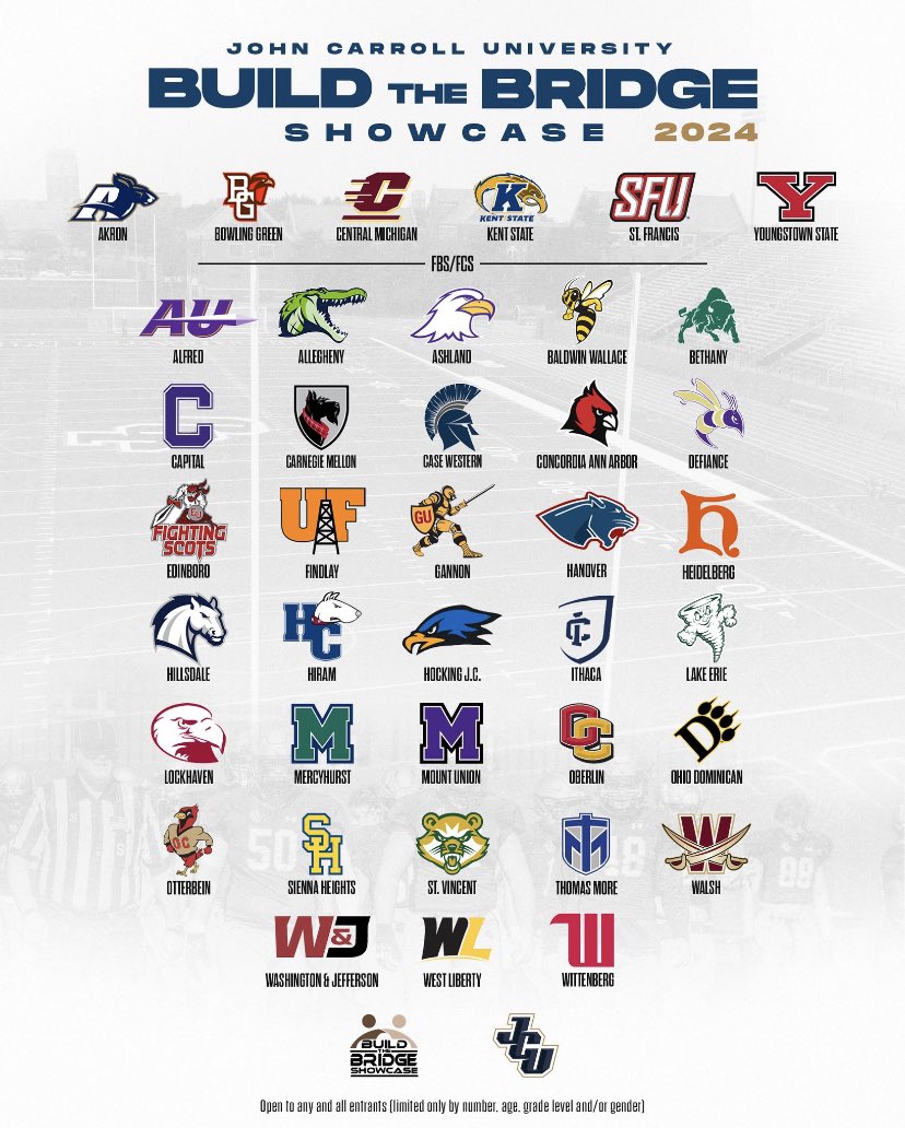 Up to 39 schools for the @JCUFootball @BuildBridge2020 Showcase. 6/3, 5PM at John Carroll. $20 hit the link to register allevents.in/shaker%20heigh… @MacStephens @CoachCreel @egoldie80 @FOX8FNTD @NEOZoneHS @OHSAASports @BrownsGiveBack @swaggie_lee_lee @mgoul @Jeff_Behrman