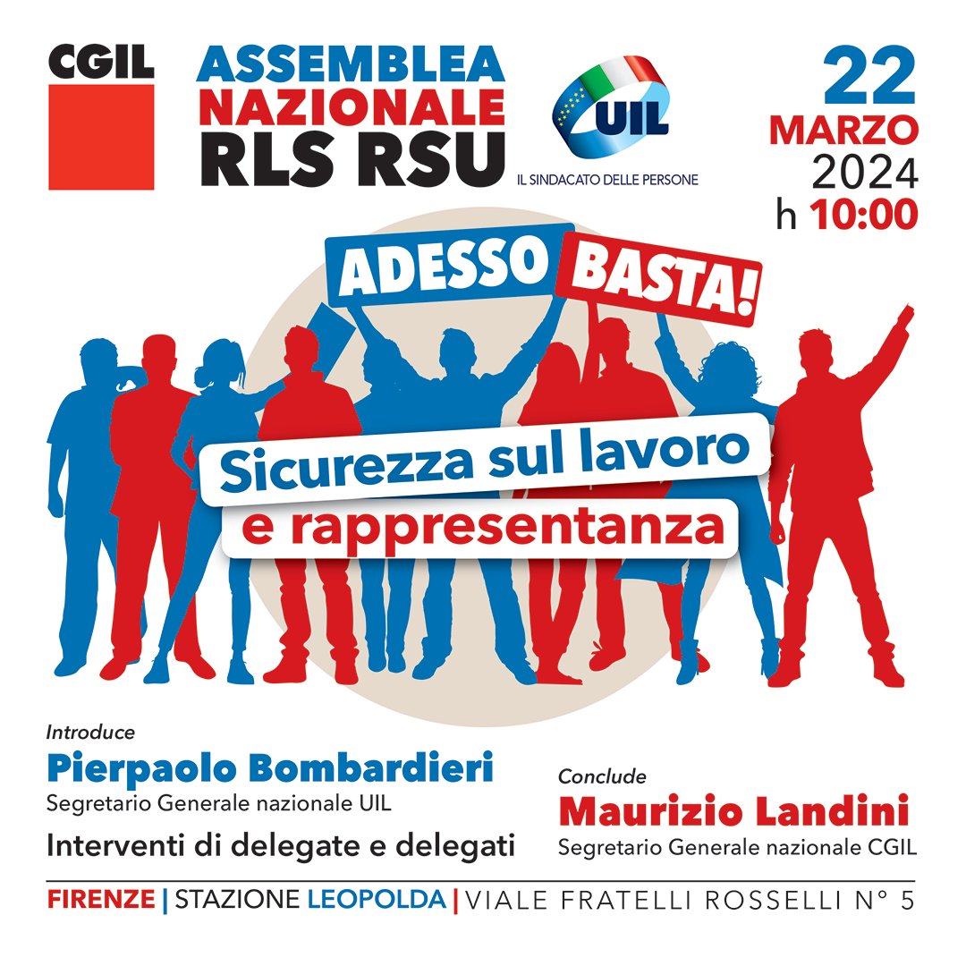 🟥 ADESSO BASTA! 
Sicurezza sul lavoro e rappresentanza
#22marzo a Firenze Assemblea Nazionale #CgilUil

▶️ tinyurl.com/f7nvady3