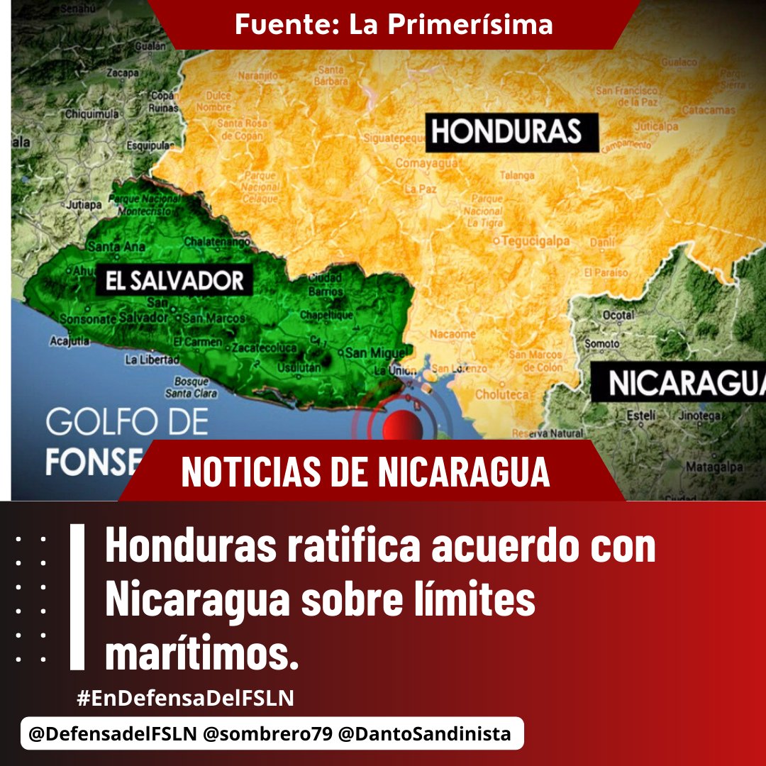 #Nicaragua El tratado ratifica la frontera marítima entre los dos países en el Golfo de Fonseca de acuerdo con el fallo dictado en 1992 por la Corte Internacional de Justicia (CIJ) de La Haya.
#4519LaPatriaLaRevolución seguimos #EnDefensaDelFSLN ✌️🔴⚫✊