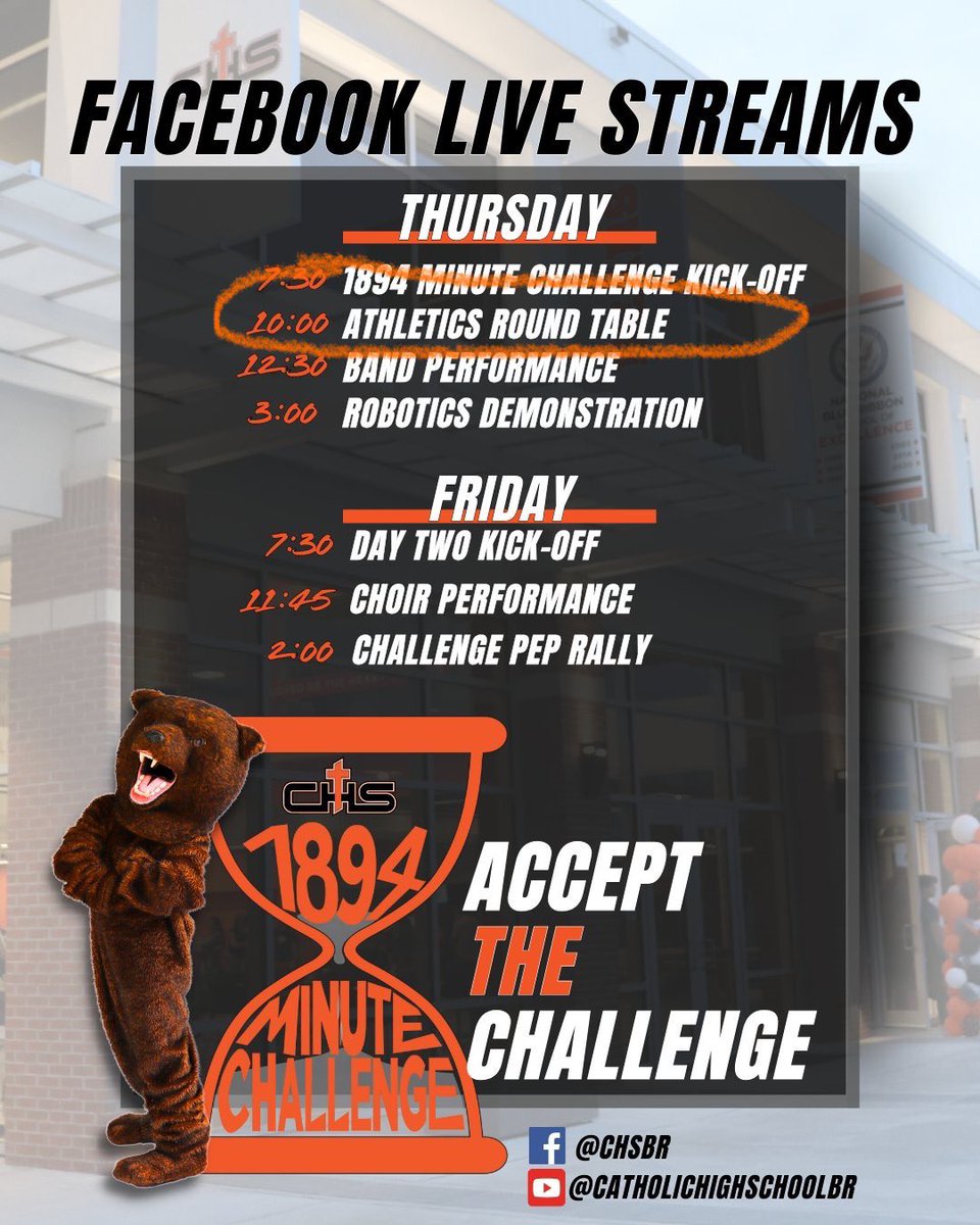 CHS Athletics (@chsbrathletics) on Twitter photo đ¨Bear Nation!đ¨
Tune in to the <a href="/CHS_BR/">Catholic High School</a> YouTube page at 10:00 a.m. for an Athletics round table conversation with CHS legends, including Coach Pete Boudreaux, Perry Key, Coach Tommy Prochaska, Coach Derrick Jones, and more!
youtube.com/live/tBWZitwF1⌠đ¨Bear Nation!đ¨
Tune in to the <a href="/CHS_BR/">Catholic High School</a> YouTube page at 10:00 a.m. for an Athletics round table conversation with CHS legends, including Coach Pete Boudreaux, Perry Key, Coach Tommy Prochaska, Coach Derrick Jones, and more!
youtube.com/live/tBWZitwF1âŚ