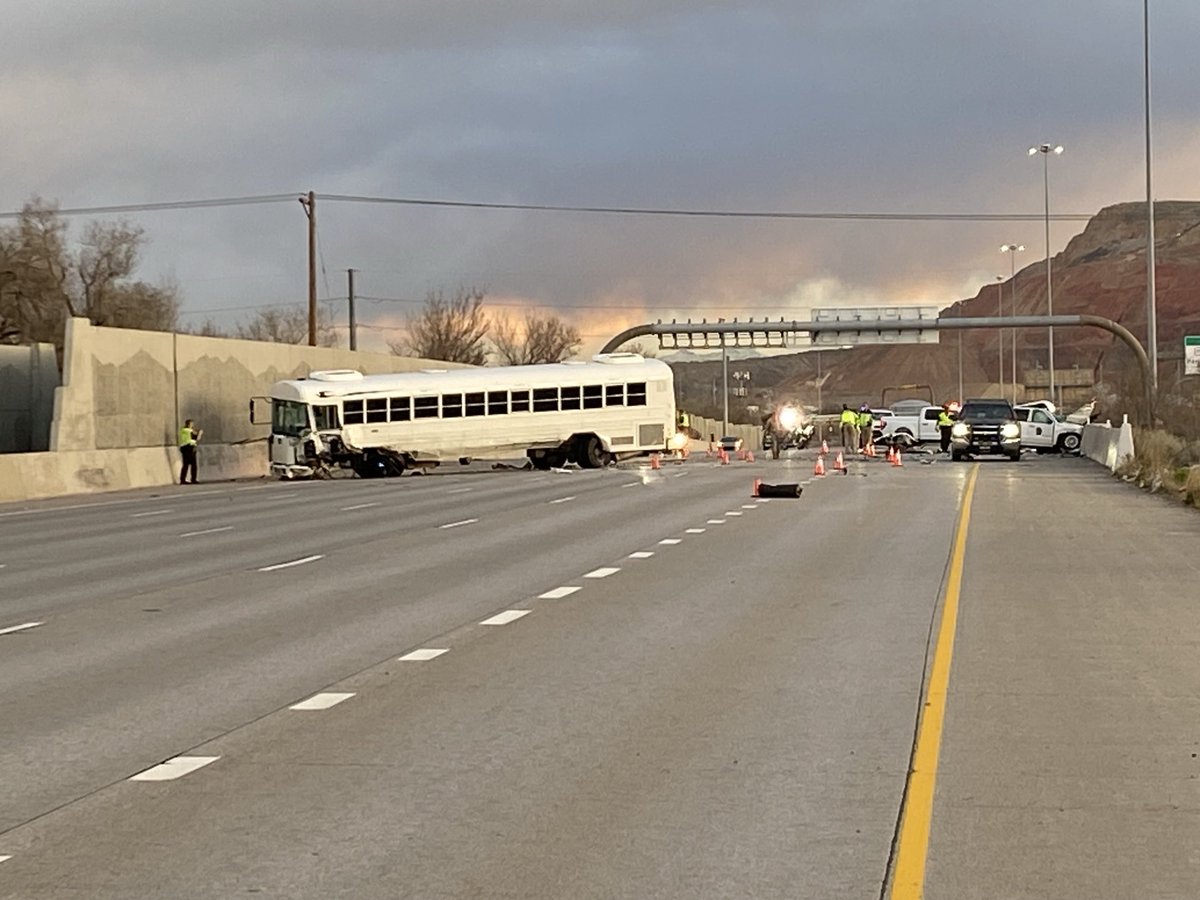 This is the bus that was hit, head on, by pick up truck that was heading the wrong way on southbound I-15 right near 400 north. The bus driver was injured, the troops appear to be fine but the driver of the pick up died at the scene
