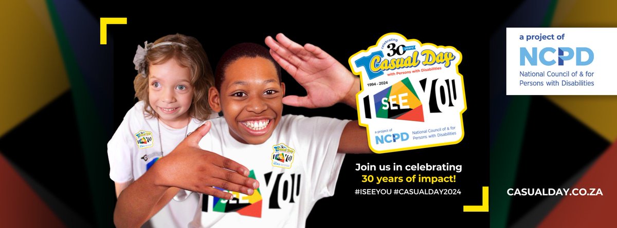 New Profile header #ISeeYou. Merchandise available at casualday.co.za/shop. A project of @The_NCPD . #Celebrating30years #Impact #Inclusion #ThankYouSA #HumanRightsDay2024 .