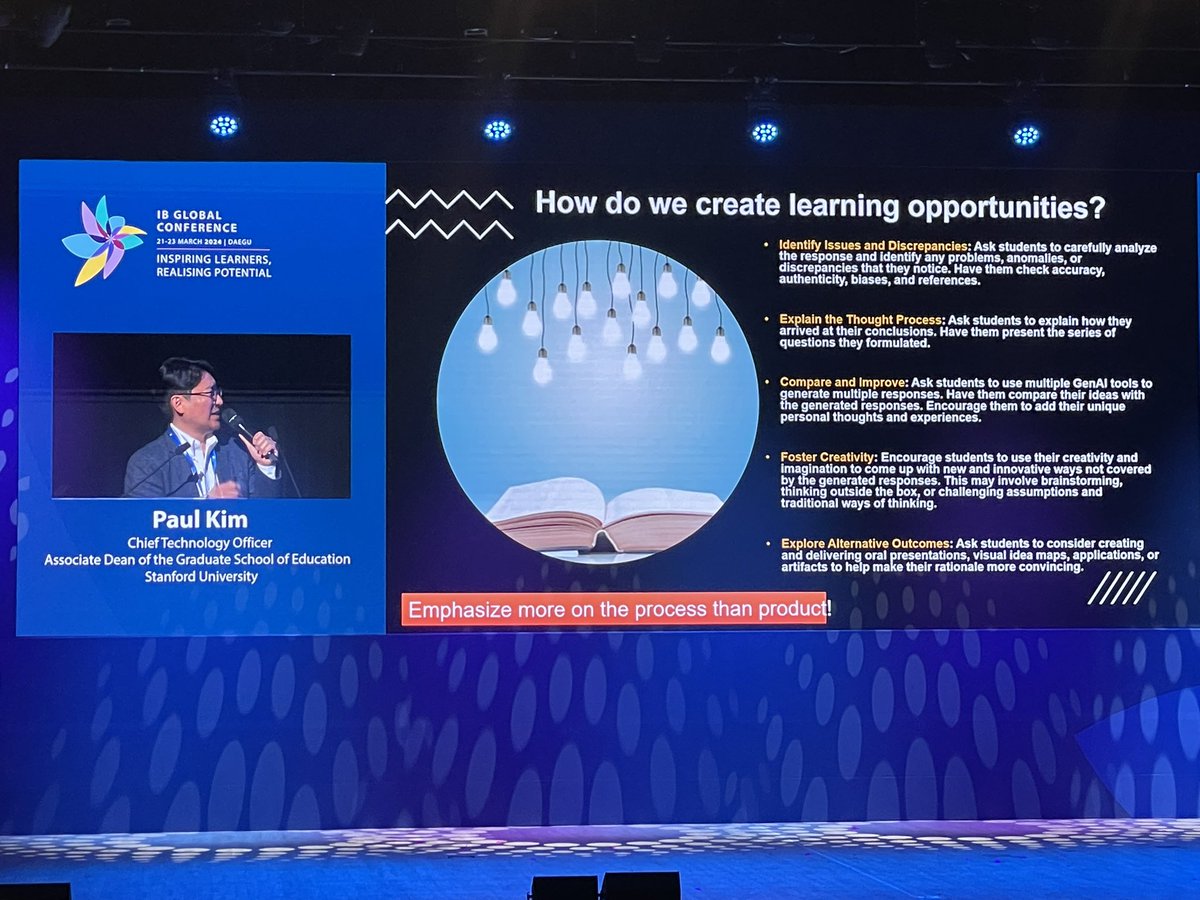 Sarah_Newton21's tweet image. #IBGC2024 keynote speaker at the opening of IB conference. A fascinating presentation by Dr. Paul Kim from Stanford University on changing technology & impact on education. Some dramatic changes ahead but I’m curious to see if exam boards will adapt to these changes or not? #AI