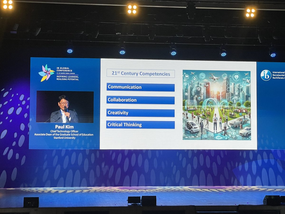 Sarah_Newton21's tweet image. #IBGC2024 keynote speaker at the opening of IB conference. A fascinating presentation by Dr. Paul Kim from Stanford University on changing technology & impact on education. Some dramatic changes ahead but I’m curious to see if exam boards will adapt to these changes or not? #AI