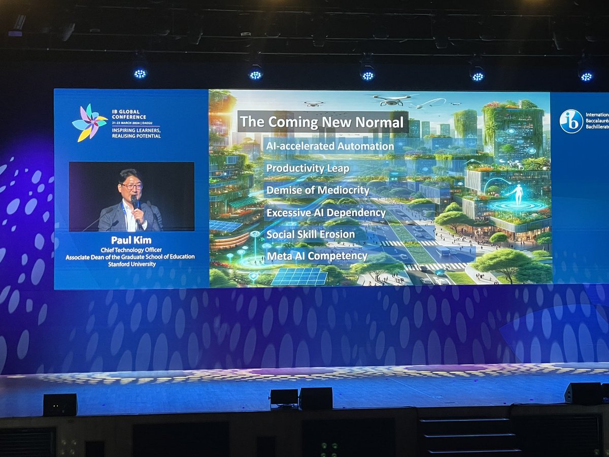 Sarah_Newton21's tweet image. #IBGC2024 keynote speaker at the opening of IB conference. A fascinating presentation by Dr. Paul Kim from Stanford University on changing technology & impact on education. Some dramatic changes ahead but I’m curious to see if exam boards will adapt to these changes or not? #AI