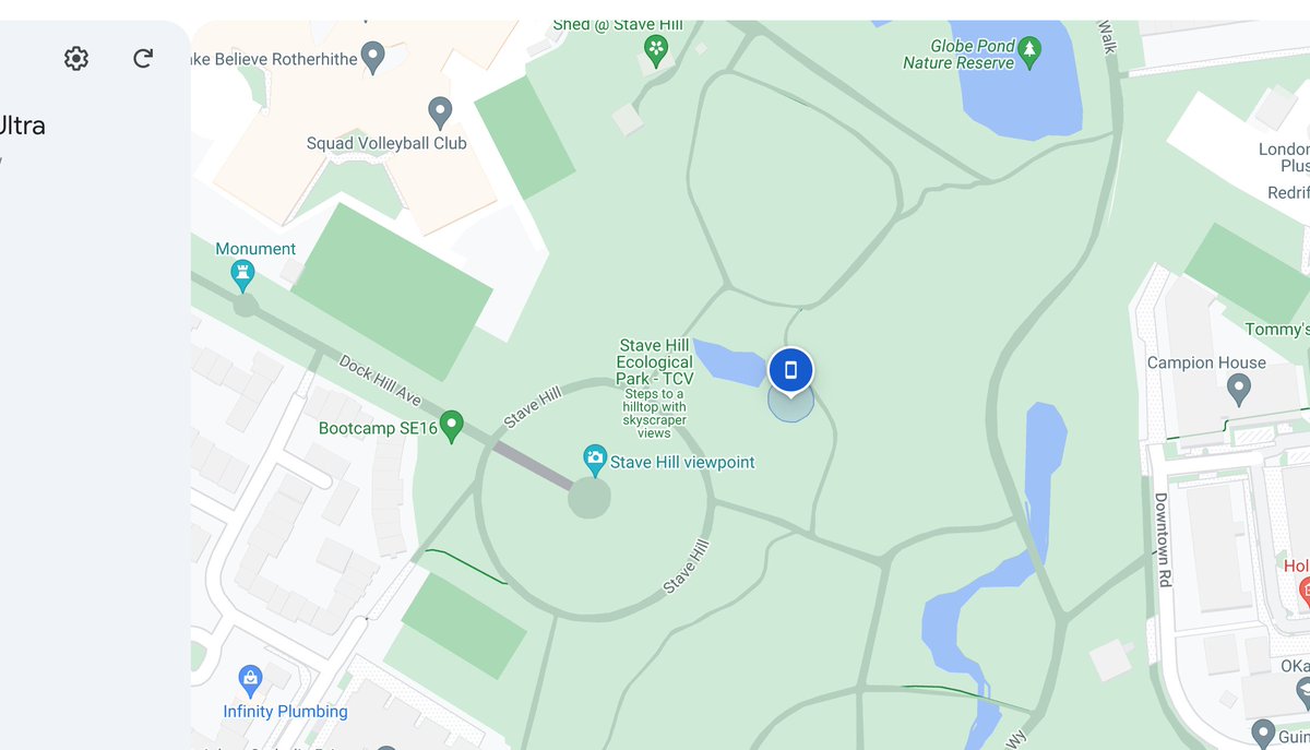 I just got pushed over, mugged &amp; had my credit card and phone stolen. This is where the mugger currently is according to Find My Phone. He has been stationary there for a while. Anyone walking through Stave Hill at the mo and see a cyclist on this path sitting with phones/stuff?