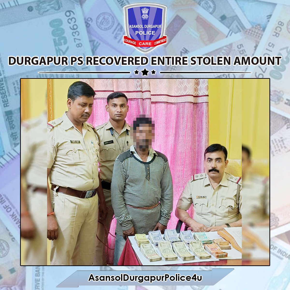 Cpadpc's tweet image. DURGAPUR PS RECOVERED ENTIRE STOLEN AMOUNT

A theft of Rs 2,50,042/- at 'Rupsa Traders' was reported at Durgapur PS. SI Madan Mohan Dutta, I.O arrested the accused and recovered the entire stolen money within 12 hrs.

#DurgapurPS #CaseUpdate
#ADPC @WBPolice
