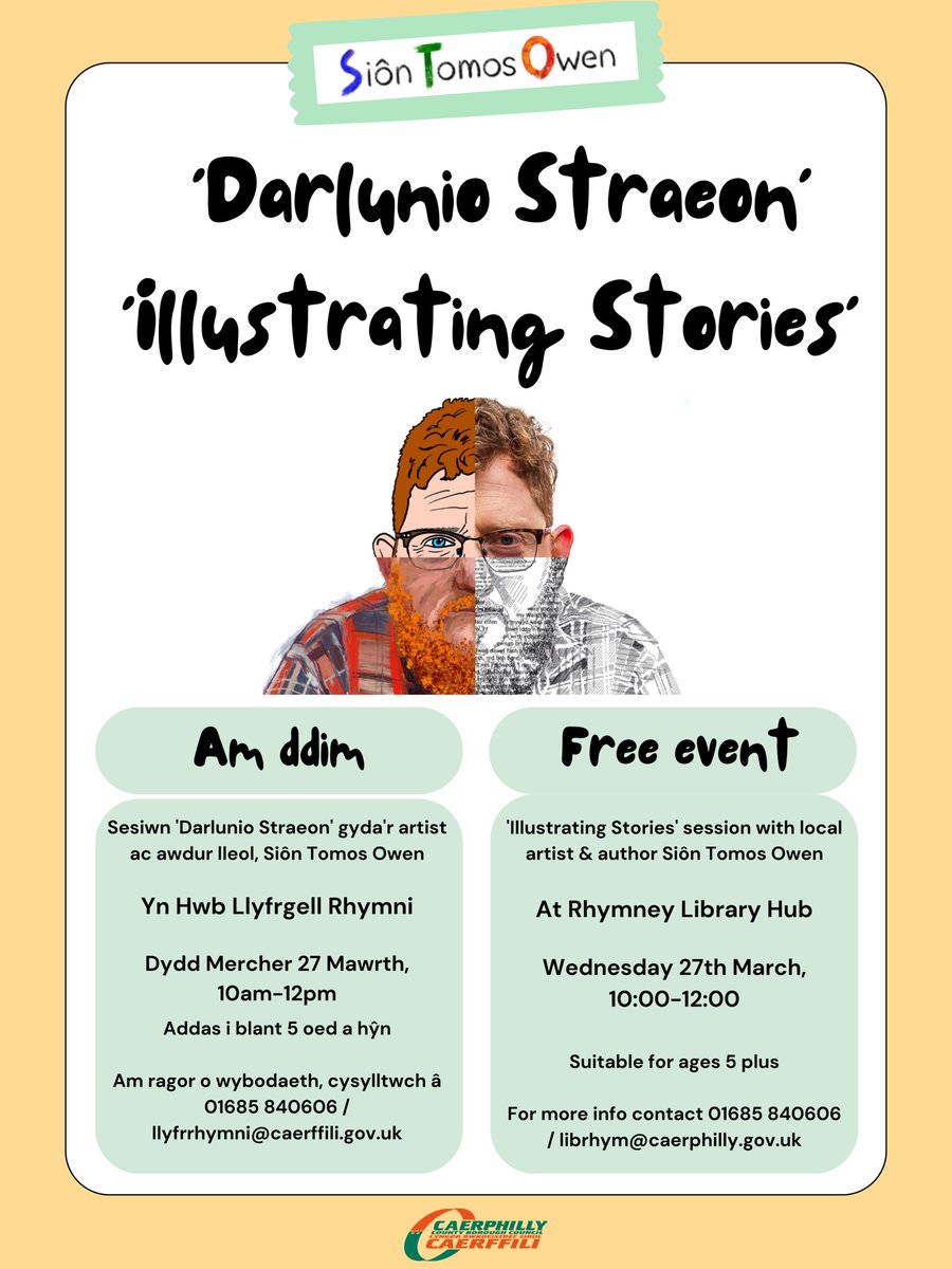 Darlunio straoen gyda Sion Tomos Owen yn Llyfrgell Rhymney. Ar gyfer plant dros 5 oed. Cysylltwch â'r llyfrgell am fanylion. Illustrating stories with Sion Tomos Owen in Rhymney Library. For children aged 5 years & over. Contact the branch for details. siontomosowen.cymru