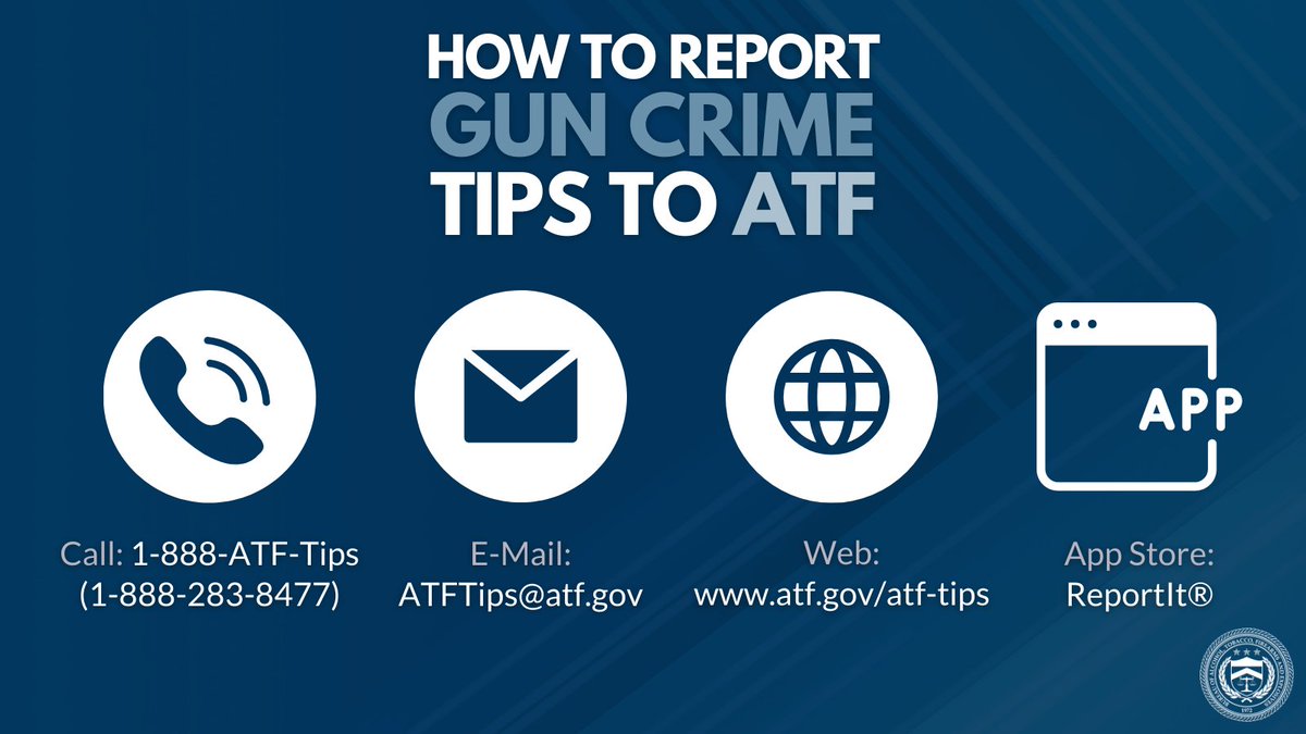 Do you have information on gun crimes or other violent criminal behavior that you would like to communicate anonymously to ATF? Report tips by phone: 1-888-283-8477; email: ATFTips@atf.gov; website: atf.gov/atf-tips; or download the ReportIt app. #ATFtips