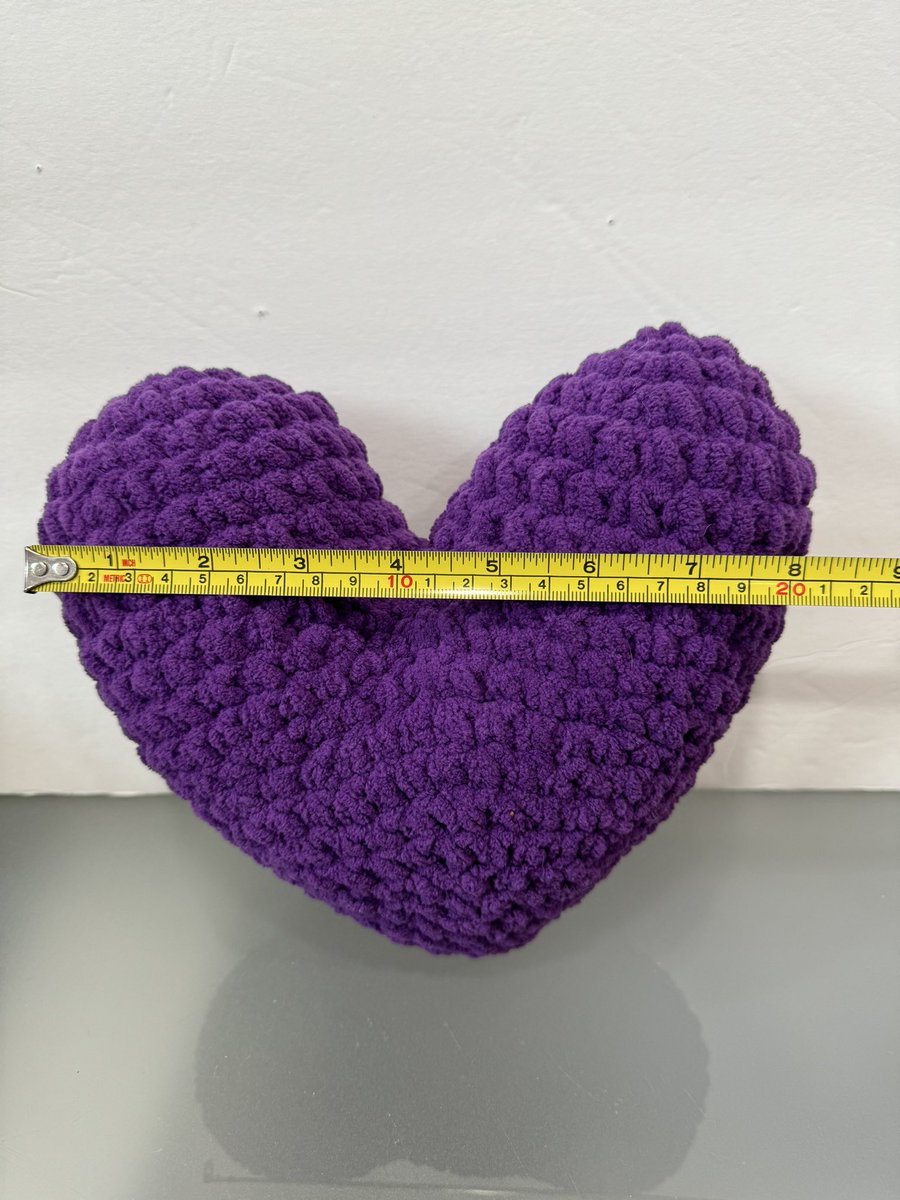 The measurements for the #stuffed #heart using the #free #crochet #pattern without my changes. link to the #free #crochet #pattern on my website. #kittyskreationsboutique #handmade #diy #hobby #craft #freecrochet #freecrochetpattern #plush #pillow #heartpillow #decor #homedecor