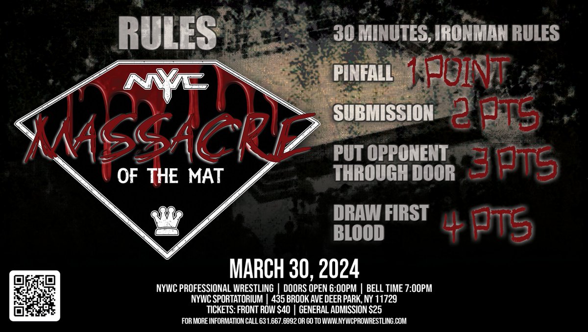 What is Massacre of the Mat?

Here are the rules!

Participants...
Bam Sullivan 
Mouse
J-Redd
Aiden Baal

🎟: nywcprowrestling.com