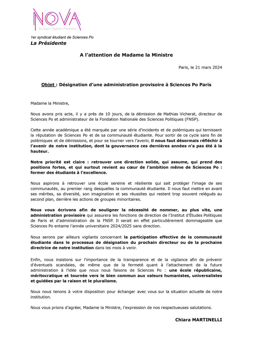 Suite à la démission de Mathias Vicherat, et dans l’attente d’une administration provisoire, retrouvez notre courrier à la ministre de l’Enseignement supérieur et de la Recherche, <a href="/sretailleau/">Sylvie Retailleau</a> 👇

Nous continuons de demander une nomination rapide, et démocratique.
