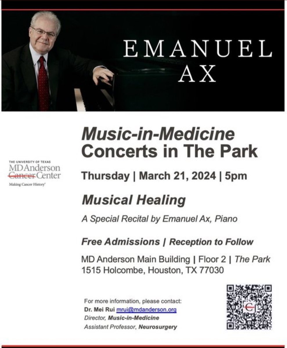 So excited to hear and meet ⁦@EmanuelAx⁩ today ⁦@MDAndersonNews⁩ 5pm 2nd floor.

Anyone welcome See you there! 

Thank you ⁦@meiruipiano⁩
⁦@RecordingAcad⁩ ⁦@GRAMMYAwards⁩ 
⁦@julliardschool⁩ 

#BestPlaceToWork 
#PatientsFirst