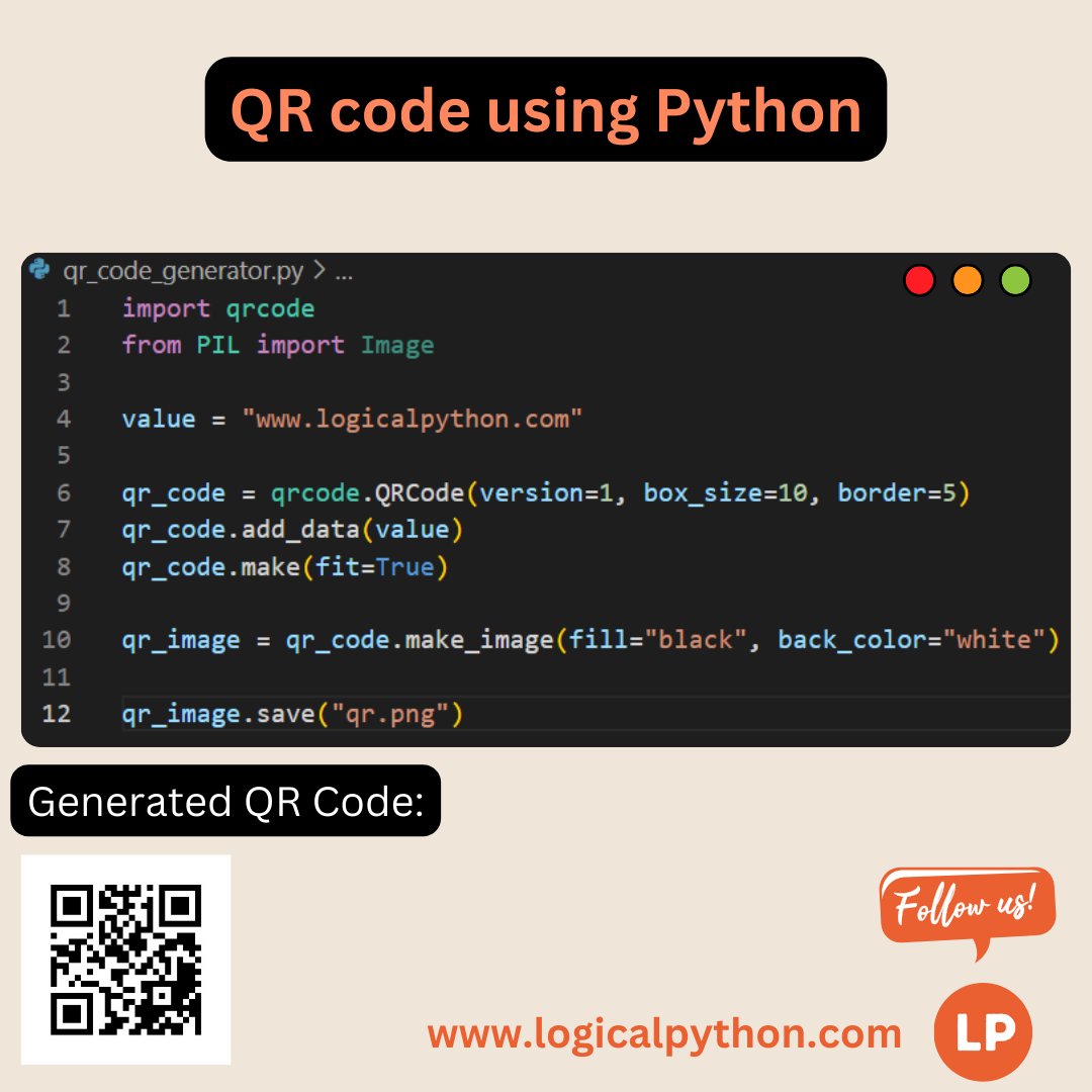 Generate QR Code using Python.

#datastructures #algorithms #dsa #python #programming #developer #morioh #programmer #computerscience #webdev #webdeveloper #webdevelopment #pythonprogramming #pythonquiz #ai #ml #machinelearning #datascience