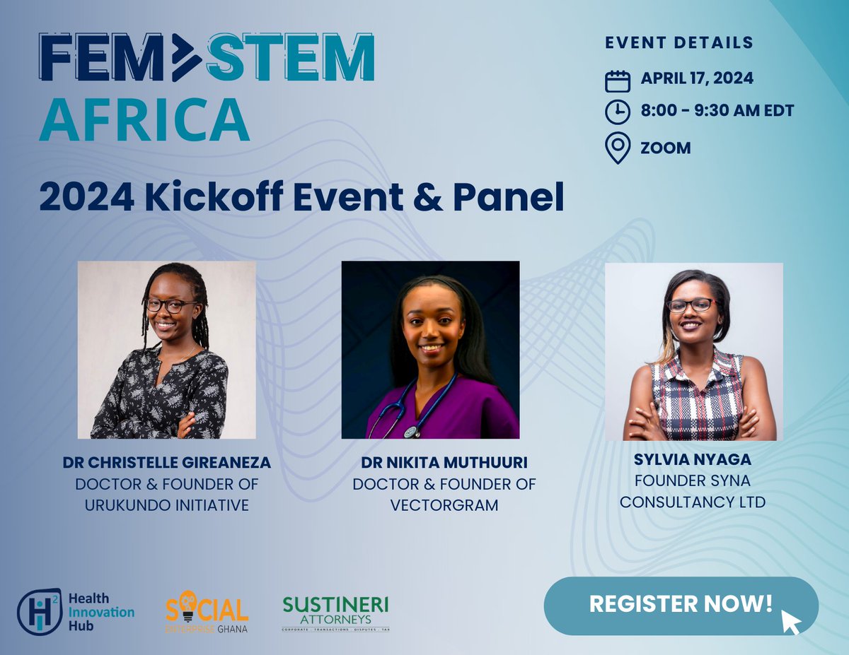 The inaugural FemSTEM Africa event series is kicking off on April 17th at 8 AM EDT! We're getting started with a panel featuring three incredible entrepreneurs: Dr. Christelle Gireaneza, Dr. Nikita Muthuuri & Sylvia Nyaga! Learn more & register at: bit.ly/4aml5My