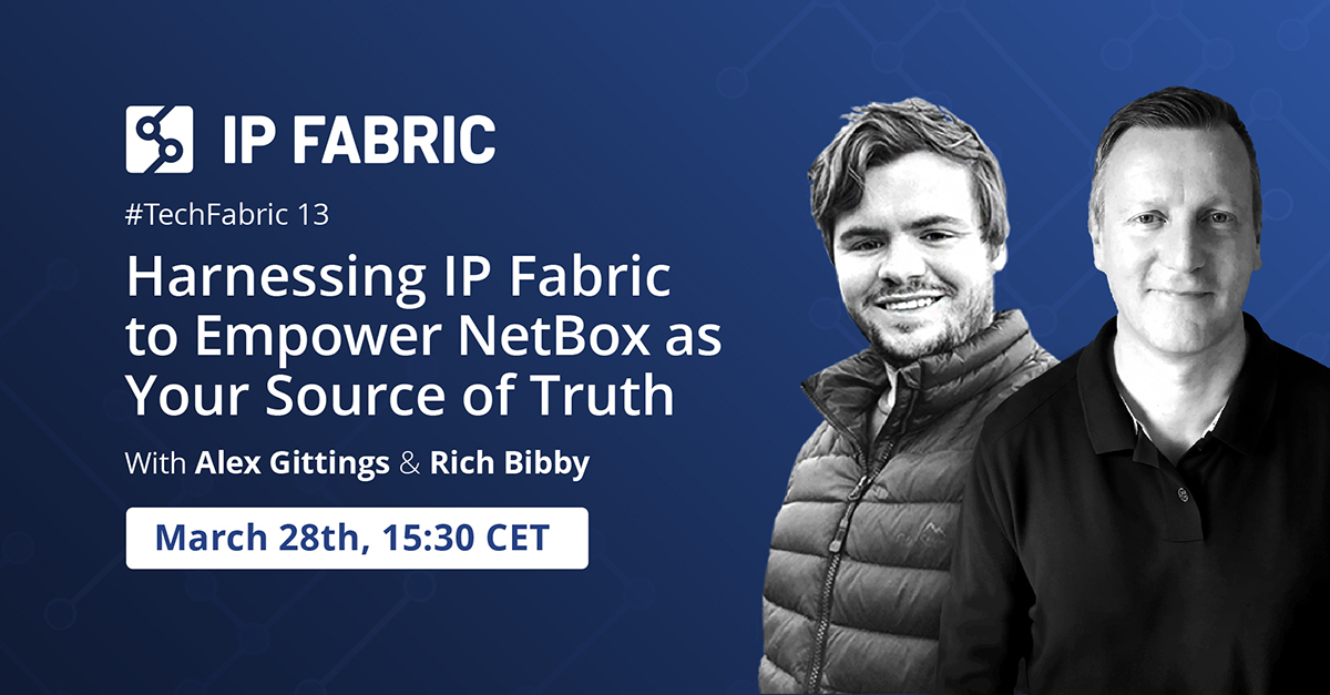 #TechFabric 13 airs in a week! Don't miss out on Alex Gittings and NetBox Labs' Rich Bibby talk on how IP Fabric and NetBox can help you level up how you approach your network source of truth! Follow the link here to register -> link.ipfabric.io/3TI2GnY