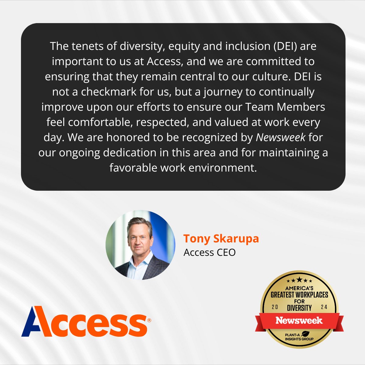 Access is proud to be recognized by Newsweek as one of America's Greatest Workplaces for #DEI in 2024!

Here's Access CEO Tony Skarupa on the award's significance and Access' continued commitment to DEI:

#AccessDEI #DEIB #DiverseWorkforce